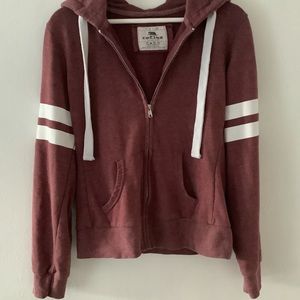 Reflex Maroon Zip Up "Love" Hoodie w/ White Stripe Sleeves & Visible Pilling